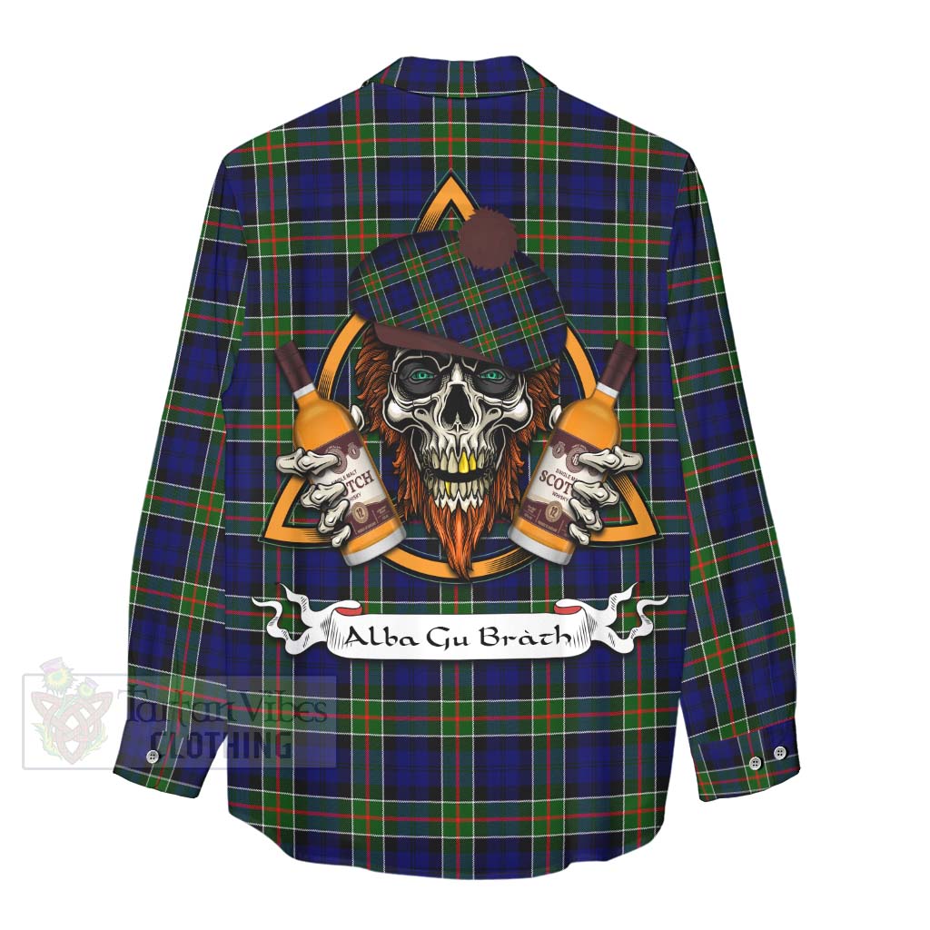 Tartan Vibes Clothing Colquhoun Tartan Women's Casual Shirt with Family Crest and Bearded Skull Holding Bottles of Whiskey