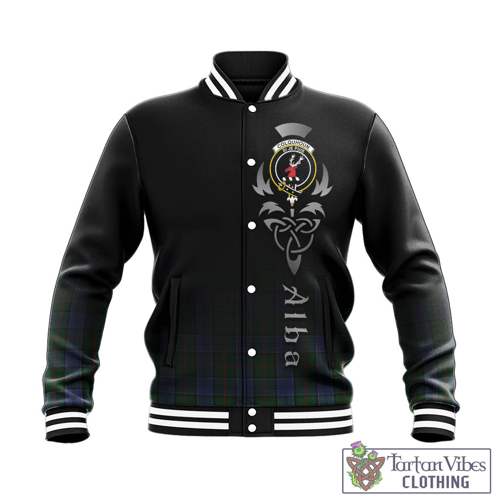 Tartan Vibes Clothing Colquhoun Tartan Baseball Jacket Featuring Alba Gu Brath Family Crest Celtic Inspired