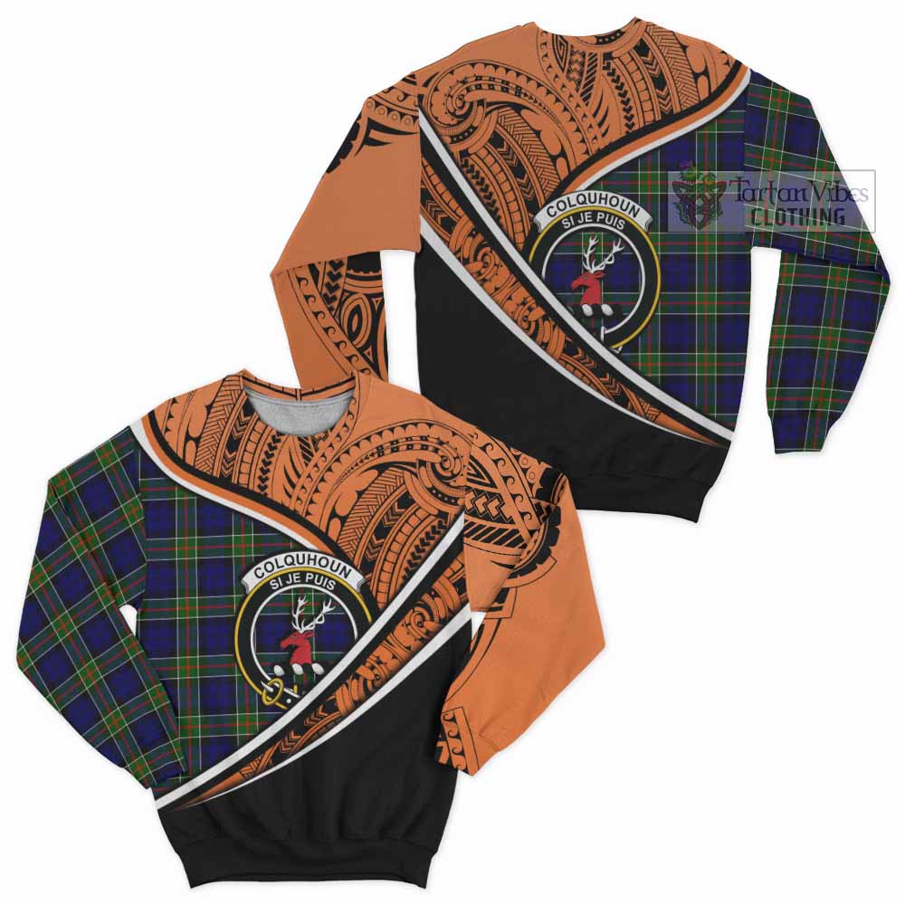 Tartan Vibes Clothing Colquhoun Crest Tartan Sweatshirt with Maori Tattoo Style - Orange Version