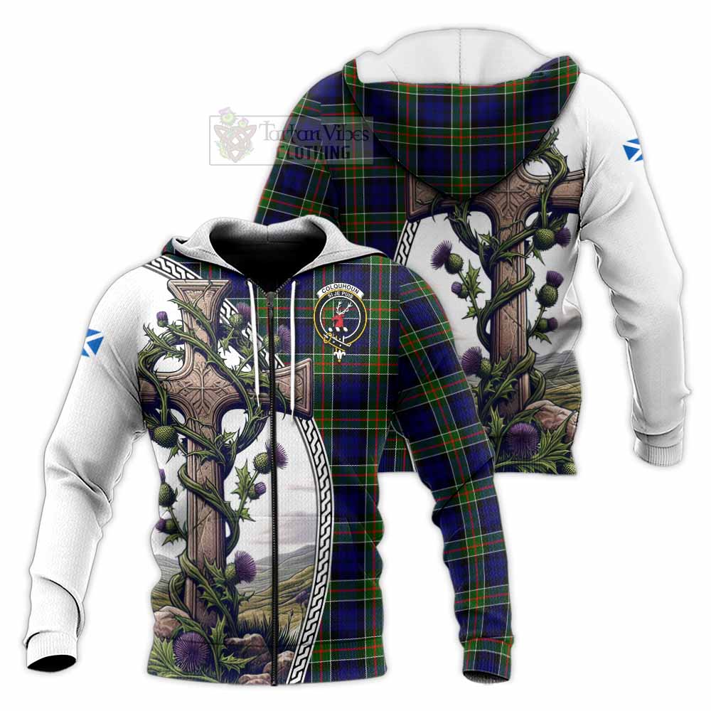 Tartan Vibes Clothing Colquhoun Tartan Knitted Hoodie with Family Crest and St. Andrew's Cross Accented by Thistle Vines