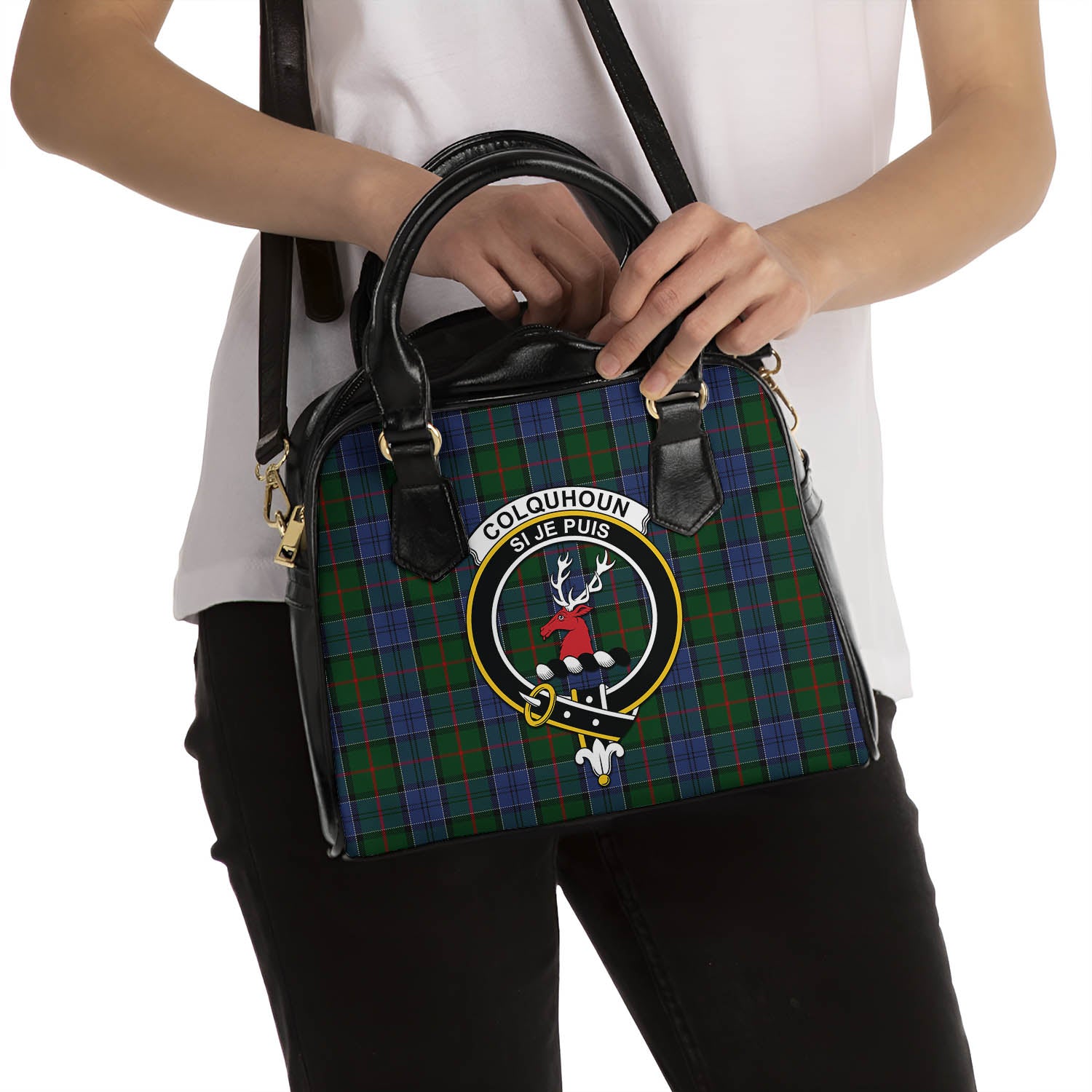 Colquhoun Tartan Shoulder Handbags with Family Crest - Tartanvibesclothing