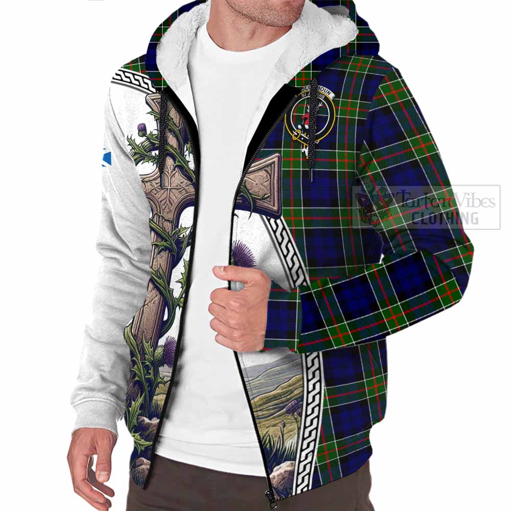 Tartan Vibes Clothing Colquhoun Tartan Sherpa Hoodie with Family Crest and St. Andrew's Cross Accented by Thistle Vines