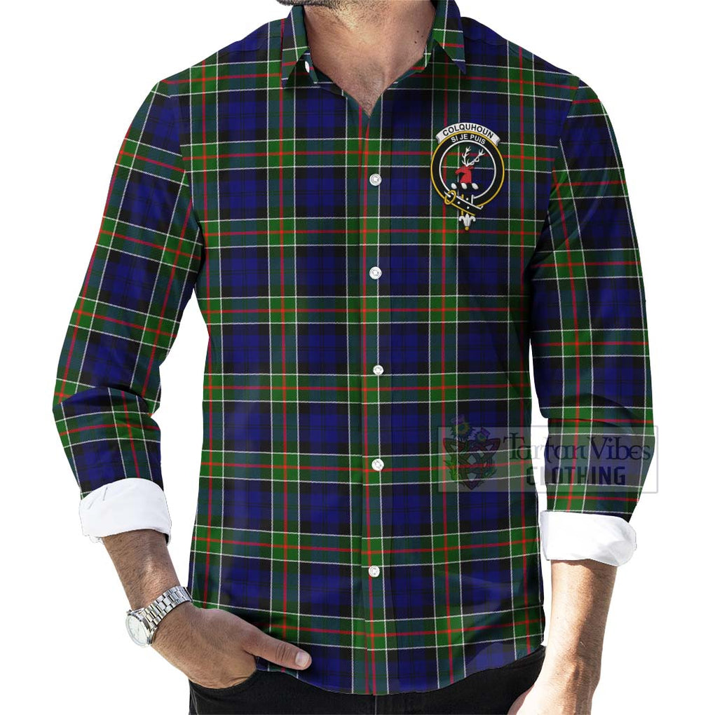 Tartan Vibes Clothing Colquhoun Tartan Long Sleeve Button Shirt with Family Crest and Bearded Skull Holding Bottles of Whiskey