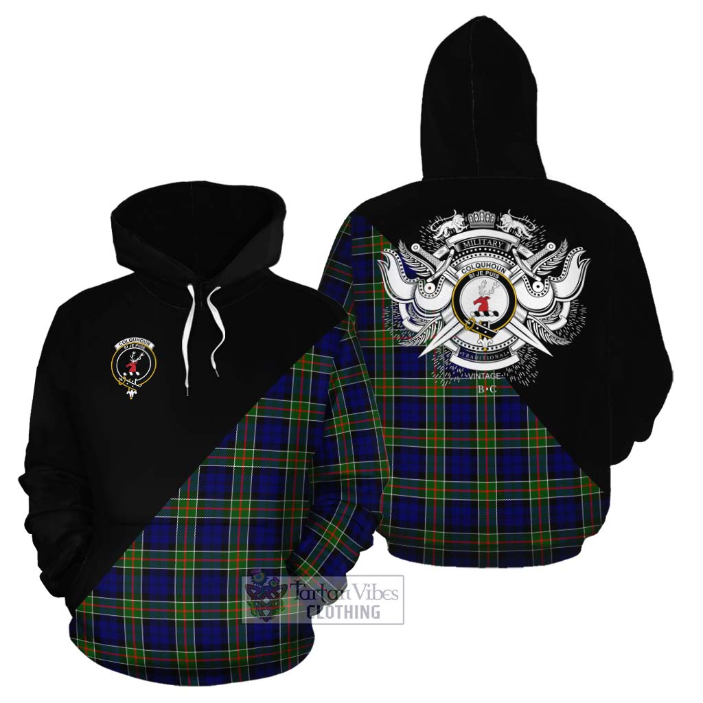 Tartan Vibes Clothing Colquhoun Tartan Cotton Hoodie with Family Crest and Military Logo Style