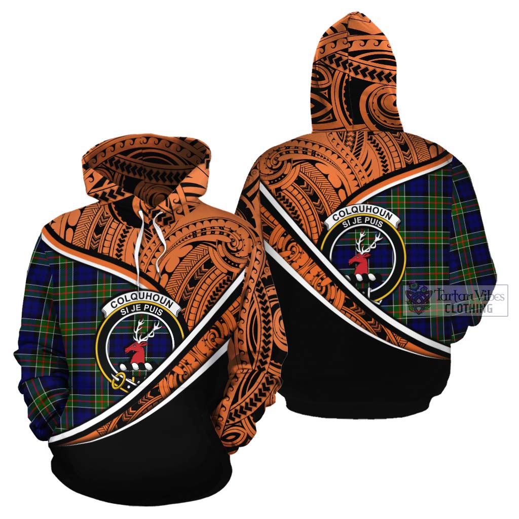 Tartan Vibes Clothing Colquhoun Crest Tartan Cotton Hoodie with Maori Tattoo Style - Orange Version