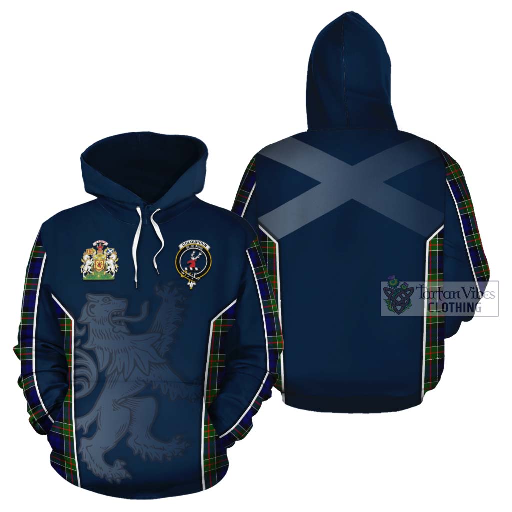 Tartan Vibes Clothing Colquhoun Tartan Cotton Hoodie with Family Crest and Lion Rampant Vibes Sport Style