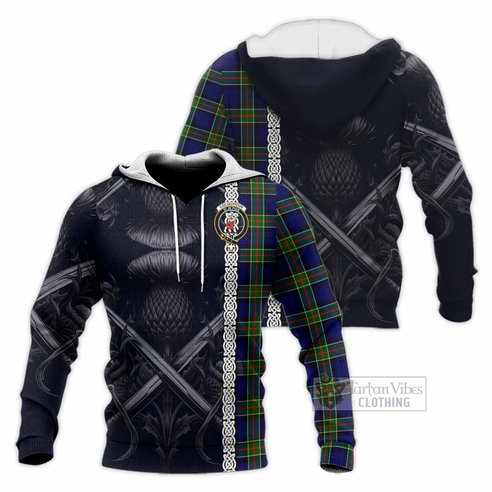 Colquhoun Tartan Knitted Hoodie with Family Crest Cross Sword Thistle Celtic Vibes - Tartan Vibes Clothing