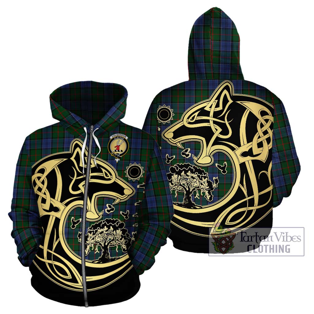 Tartan Vibes Clothing Colquhoun Tartan Hoodie with Family Crest Celtic Wolf Style