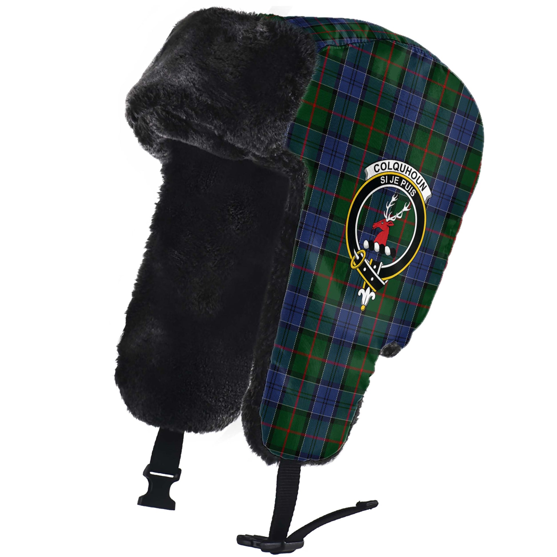 Colquhoun Tartan Winter Trapper Hat with Family Crest - Tartanvibesclothing