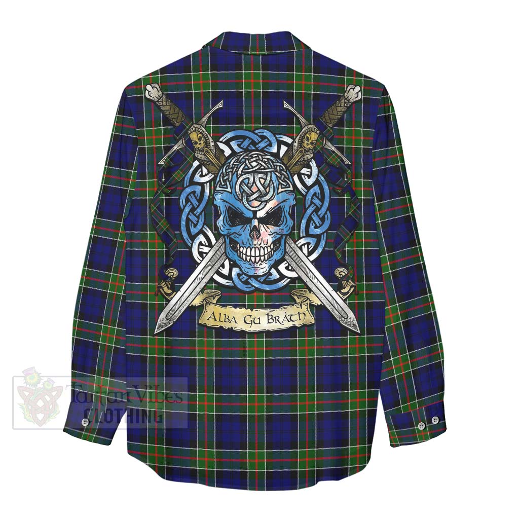 Tartan Vibes Clothing Colquhoun Tartan Women's Casual Shirt with Family Crest Celtic Skull Style