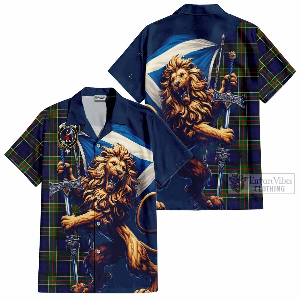 Tartan Vibes Clothing Colquhoun Tartan Family Crest Short Sleeve Button Shirt with Scottish Majestic Lion