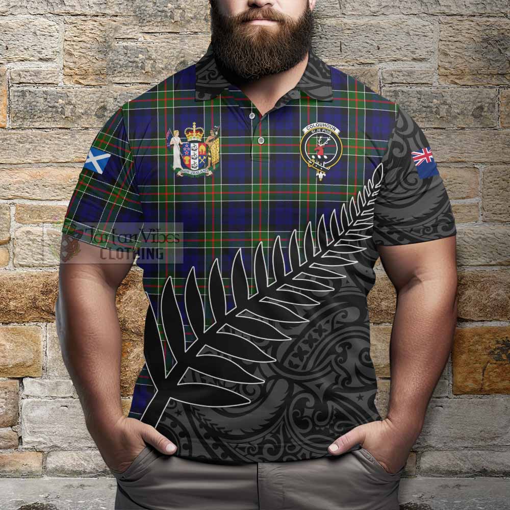 Tartan Vibes Clothing Colquhoun Crest Tartan Polo Shirt with New Zealand Silver Fern Half Style