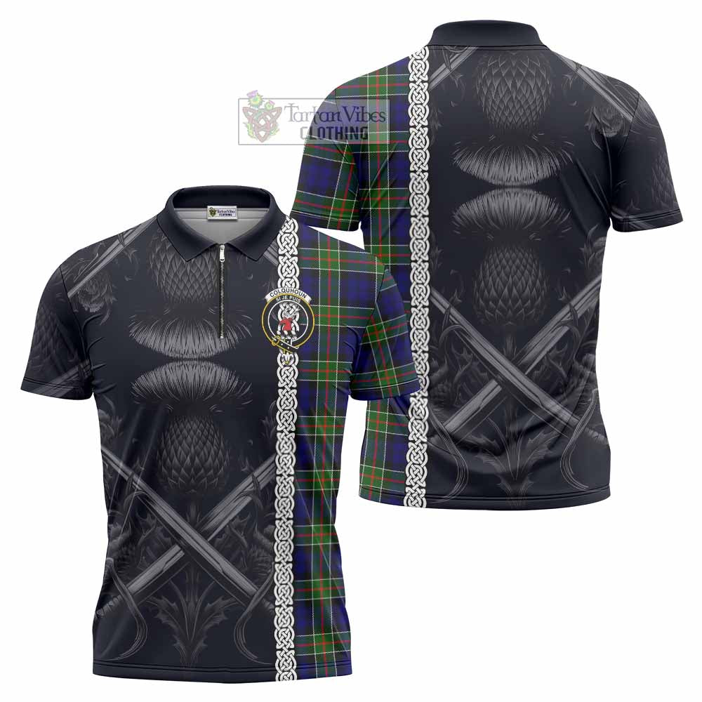 Tartan Vibes Clothing Colquhoun Tartan Zipper Polo Shirt with Family Crest Cross Sword Thistle Celtic Vibes