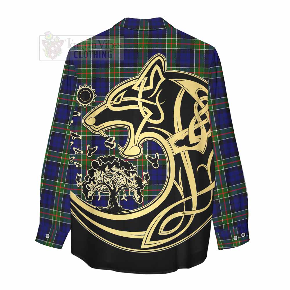 Tartan Vibes Clothing Colquhoun Tartan Women's Casual Shirt with Family Crest Celtic Wolf Style