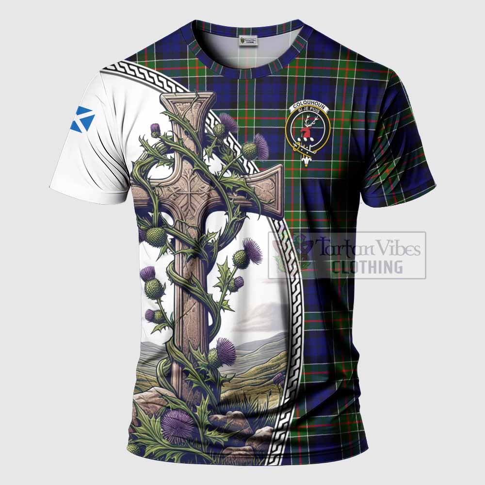 Tartan Vibes Clothing Colquhoun Agnew Tartan T-Shirt with Family Crest and St. Andrew's Cross Accented by Thistle Vines