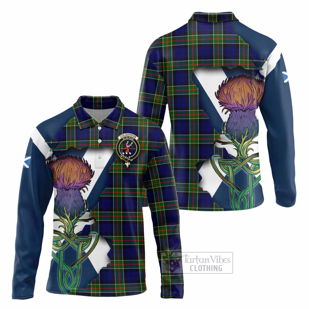 Colquhoun Tartan Family Crest Long Sleeve Polo Shirt Scottish Thistle Celtic Inspired - Tartan Vibes Clothing