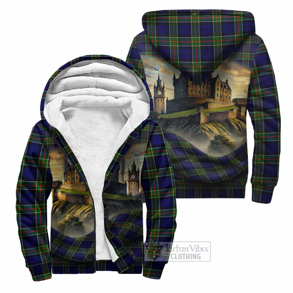 Colquhoun Tartan Family Crest Sherpa Hoodie with Scottish Ancient Castle Style Unisex - Tartan Vibes Clothing