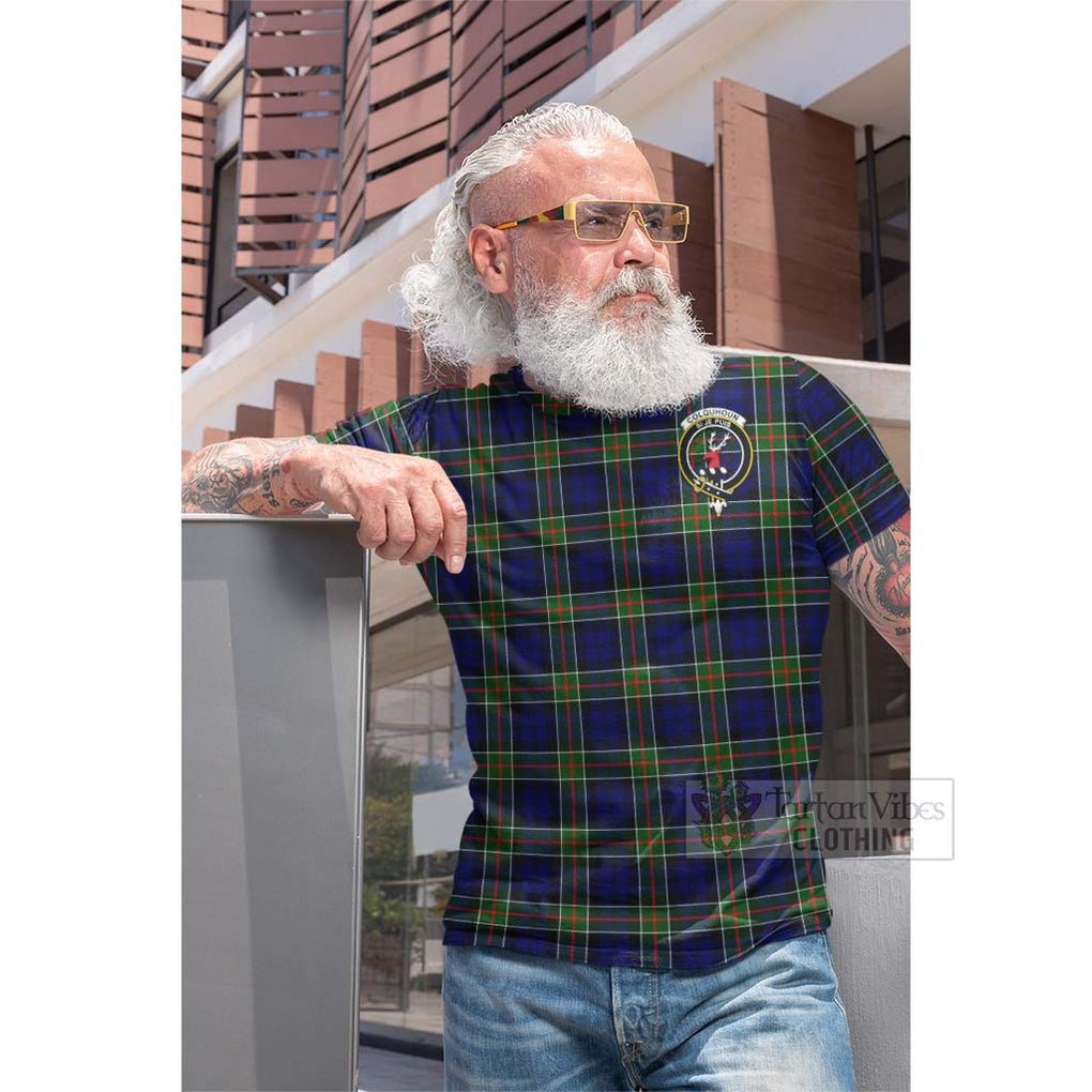 Tartan Vibes Clothing Colquhoun Tartan Cotton T-shirt with Family Crest and Bearded Skull Holding Bottles of Whiskey