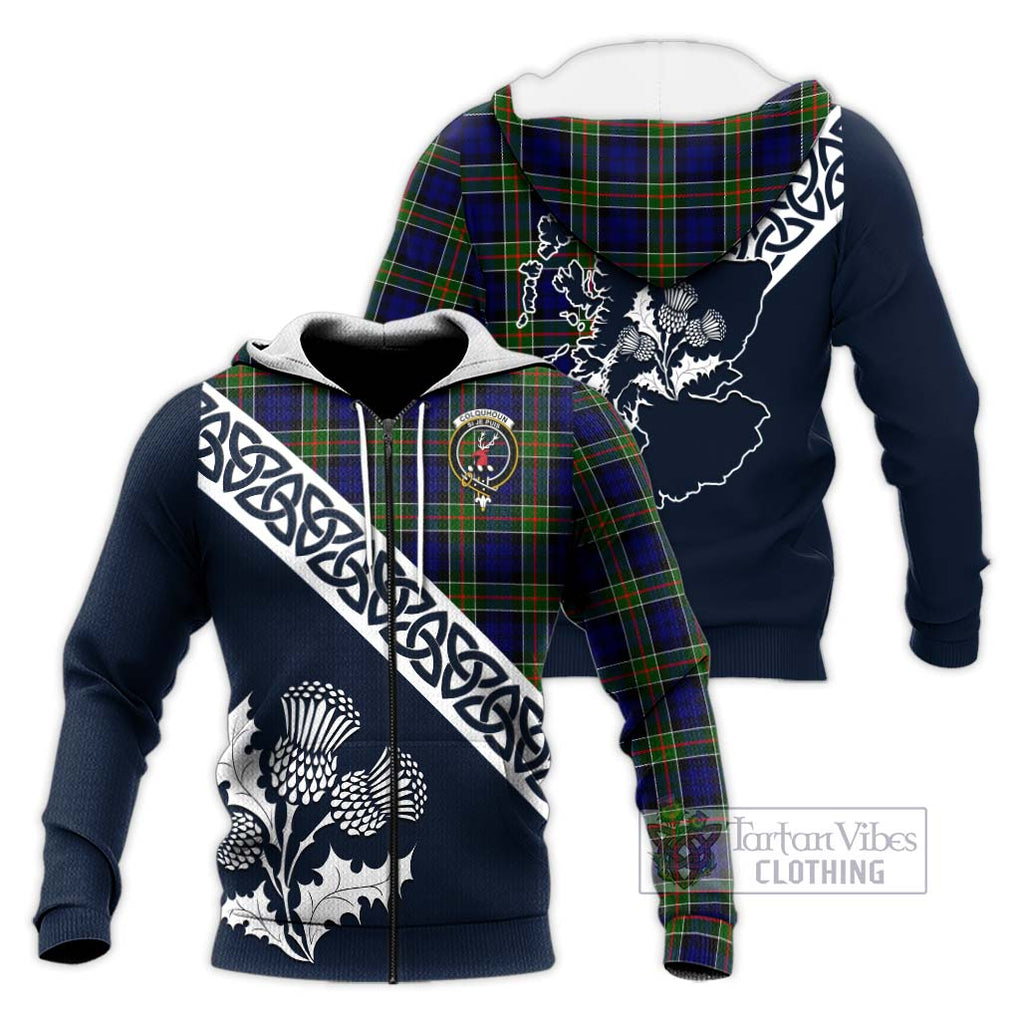 Tartan Vibes Clothing Colquhoun Tartan Knitted Hoodie Featuring Thistle and Scotland Map