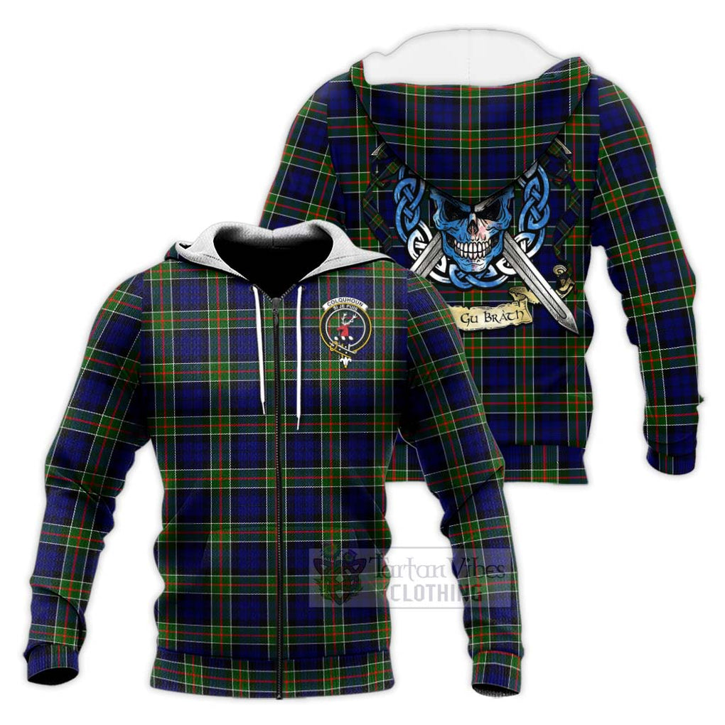 Tartan Vibes Clothing Colquhoun Tartan Knitted Hoodie with Family Crest Celtic Skull Style