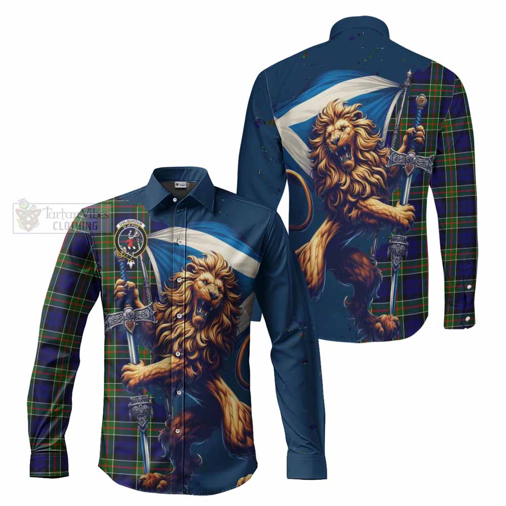 Tartan Vibes Clothing Colquhoun Tartan Family Crest Long Sleeve Button Shirt with Scottish Majestic Lion