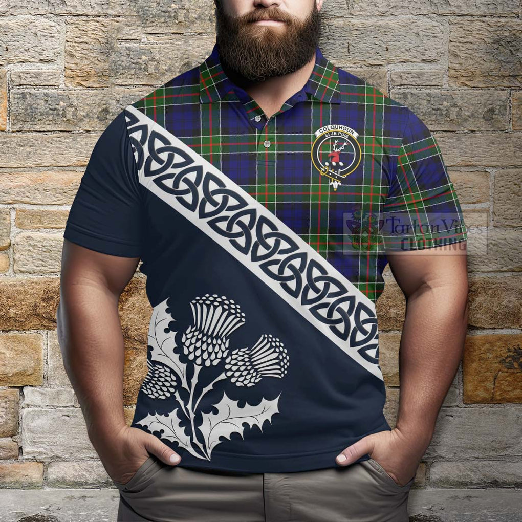 Colquhoun Tartan Polo Shirt Featuring Thistle and Scotland Map