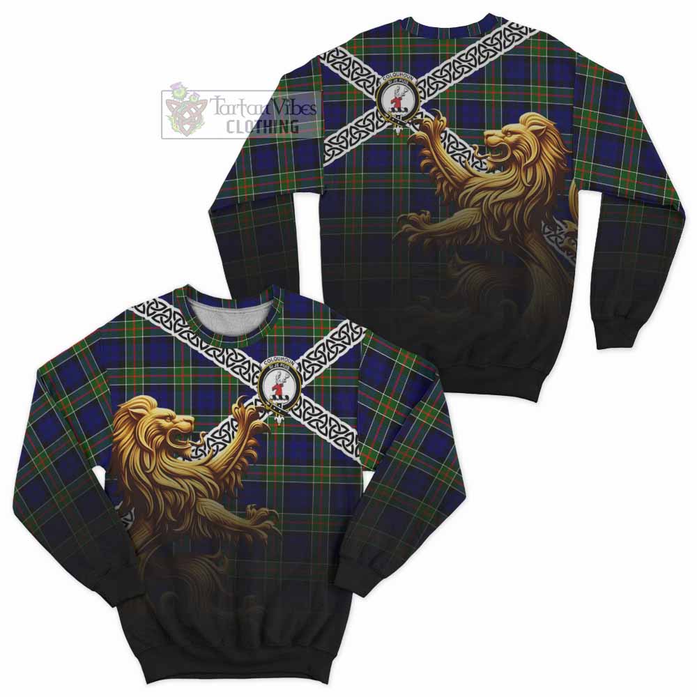 Colquhoun Crest Tartan Sweatshirt with Golden Lion Emblem Celtic Style - Tartan Vibes Clothing