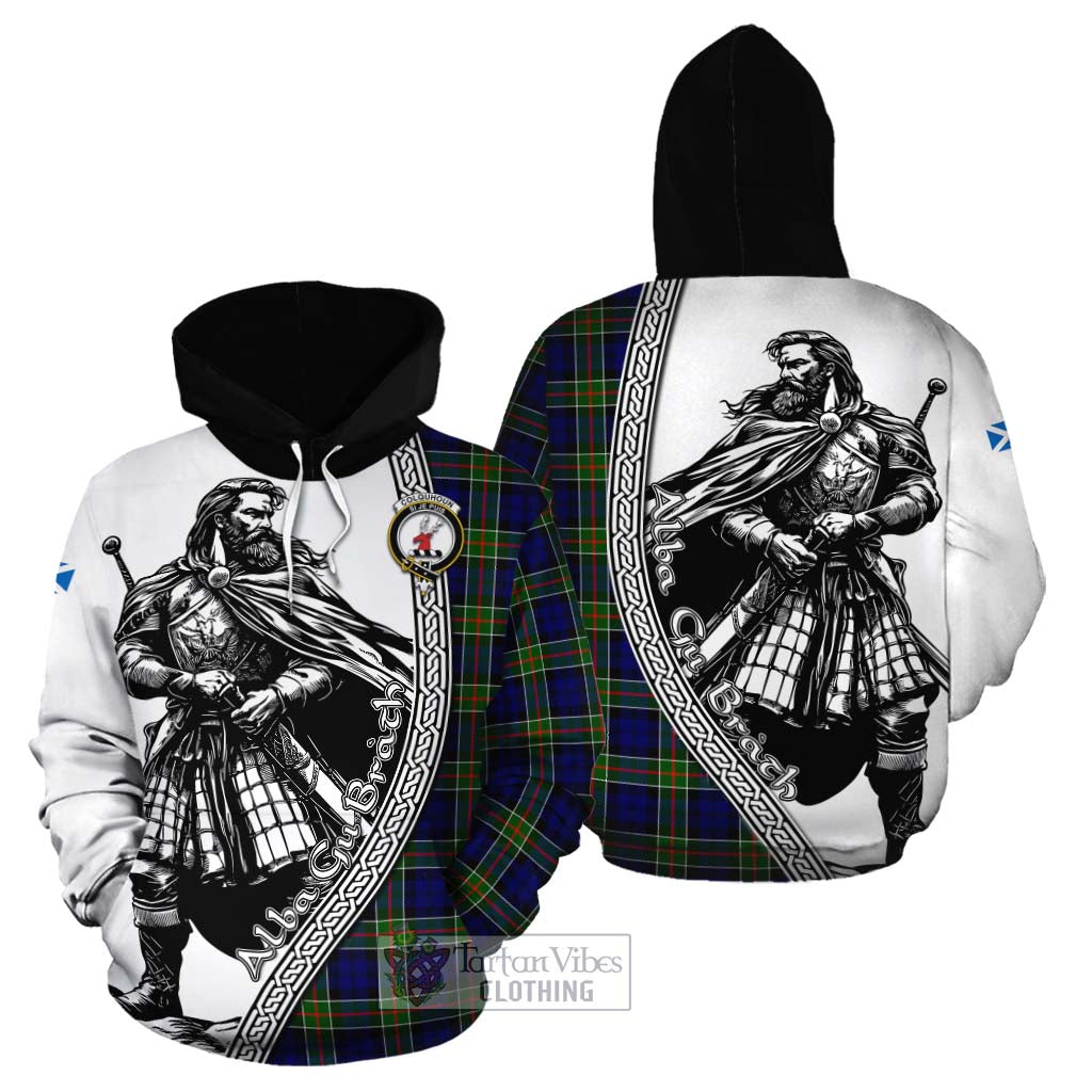 Tartan Vibes Clothing Colquhoun Tartan Clan Crest Cotton Hoodie with Highlander Warrior Celtic Style