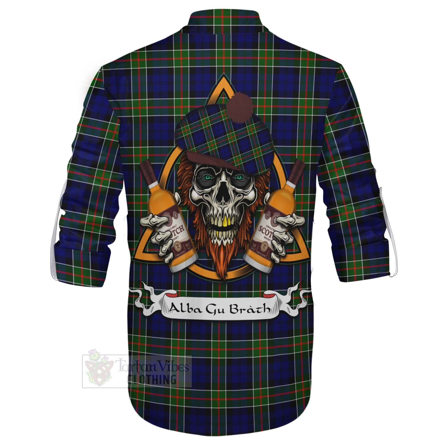 Tartan Vibes Clothing Colquhoun Tartan Ghillie Kilt Shirt with Family Crest and Bearded Skull Holding Bottles of Whiskey