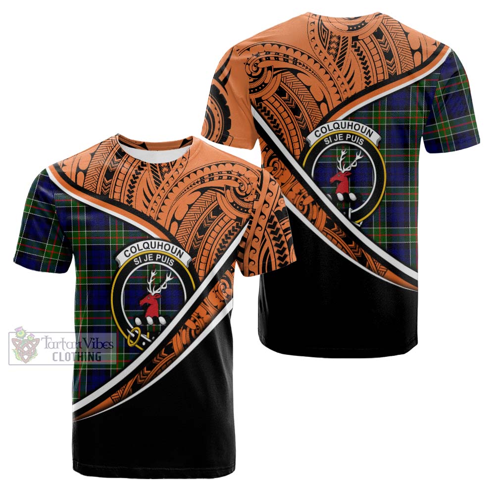 Tartan Vibes Clothing Colquhoun Crest Tartan Cotton T-shirt with Maori Tattoo Style - Orange Version