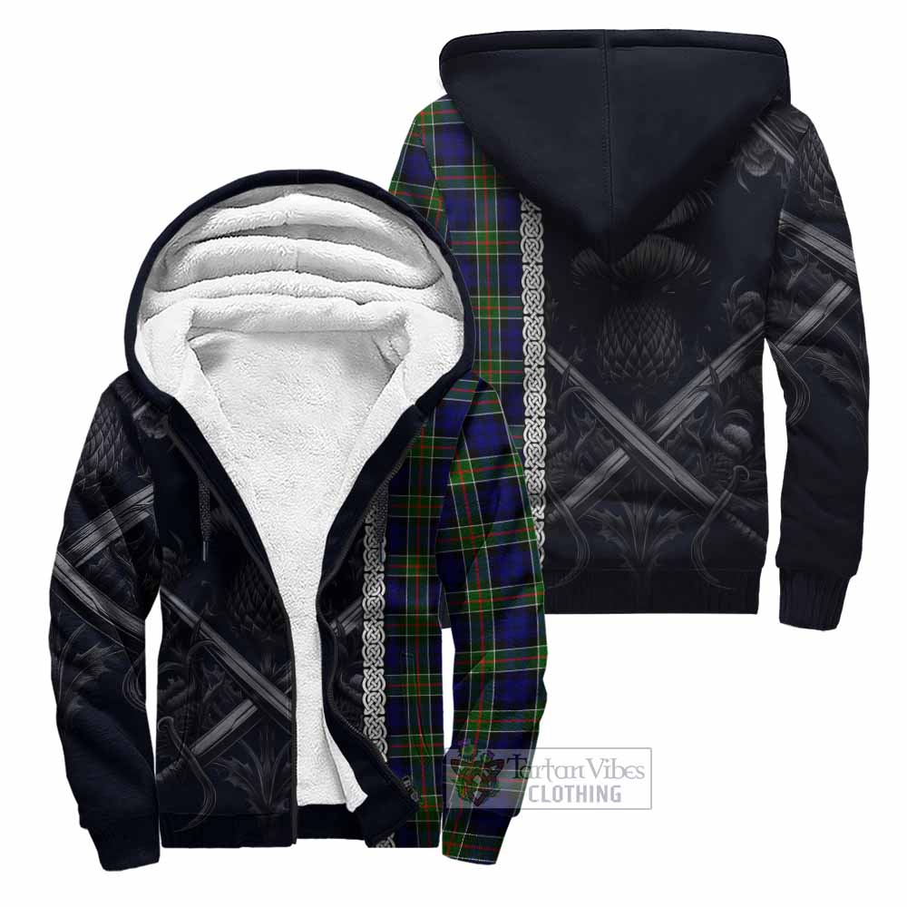 Tartan Vibes Clothing Colquhoun Tartan Sherpa Hoodie with Family Crest Cross Sword Thistle Celtic Vibes