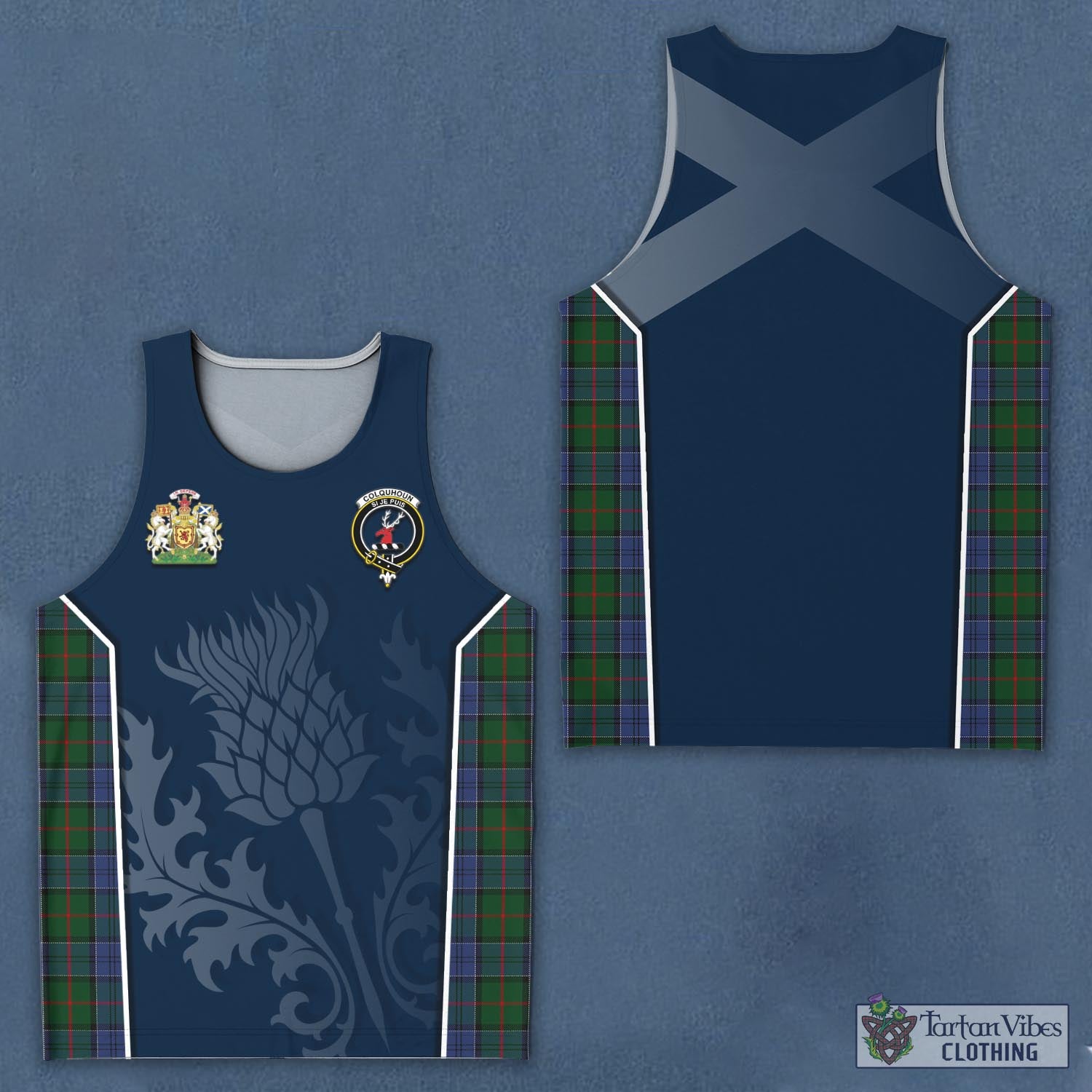 Tartan Vibes Clothing Colquhoun Tartan Men's Tanks Top with Family Crest and Scottish Thistle Vibes Sport Style