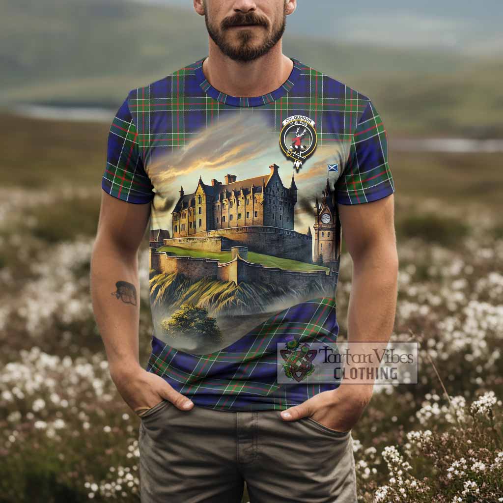 Colquhoun Tartan Family Crest T-Shirt with Scottish Ancient Castle Style - Tartan Vibes Clothing