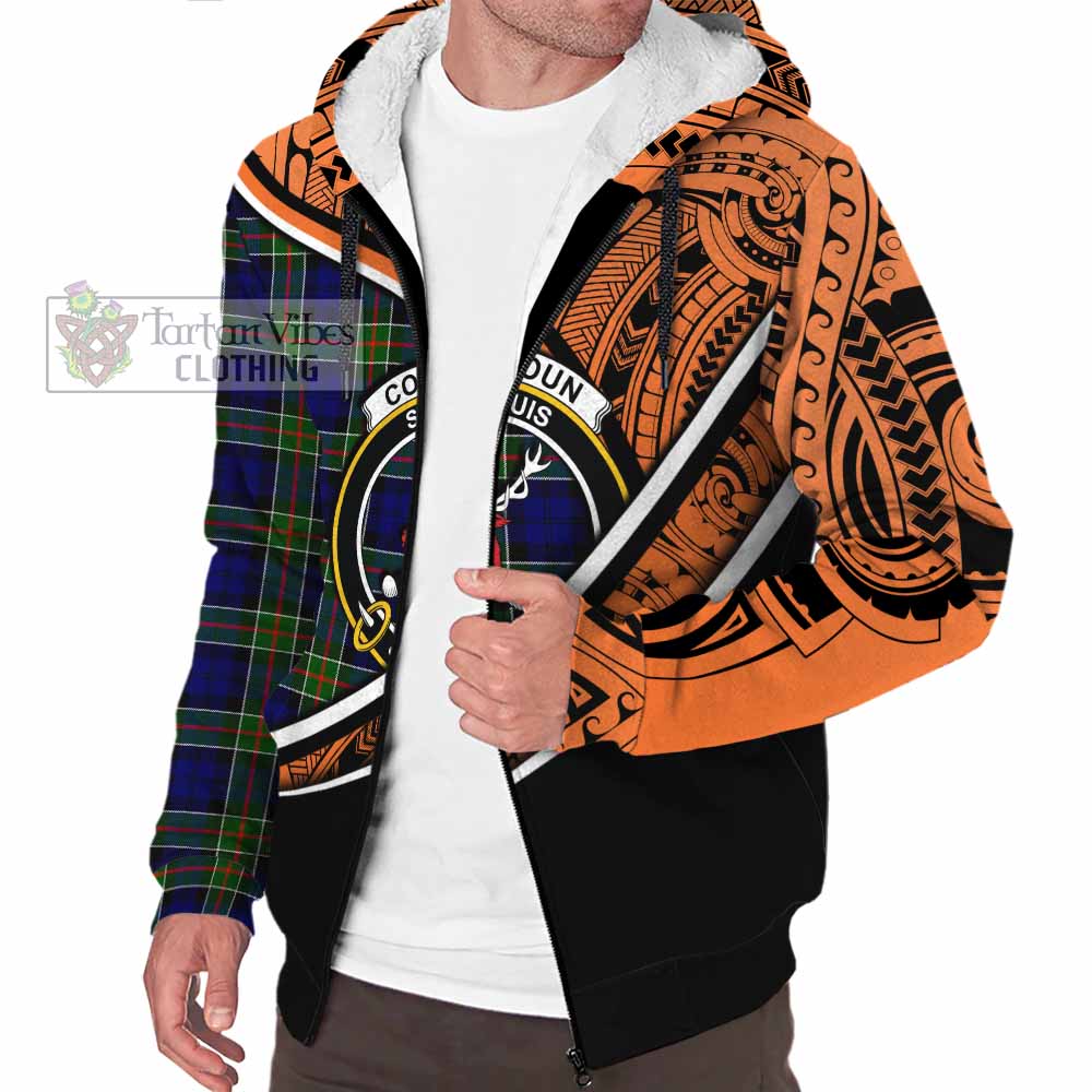 Tartan Vibes Clothing Colquhoun Crest Tartan Sherpa Hoodie with Maori Tattoo Style - Orange Version