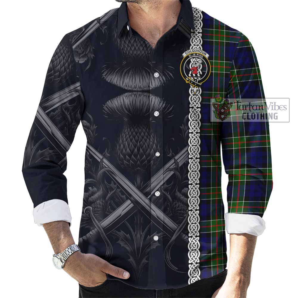 Tartan Vibes Clothing Colquhoun Tartan Long Sleeve Button Shirt with Family Crest Cross Sword Thistle Celtic Vibes