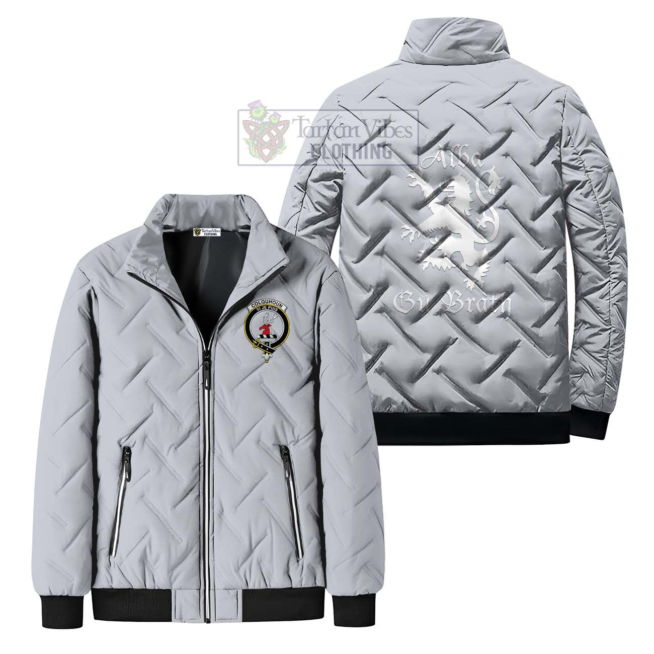 Tartan Vibes Clothing Colquhoun Family Crest Padded Cotton Jacket Lion Rampant Alba Gu Brath Style