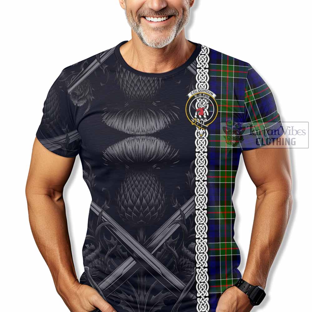 Tartan Vibes Clothing Colquhoun Tartan T-Shirt with Family Crest Cross Sword Thistle Celtic Vibes