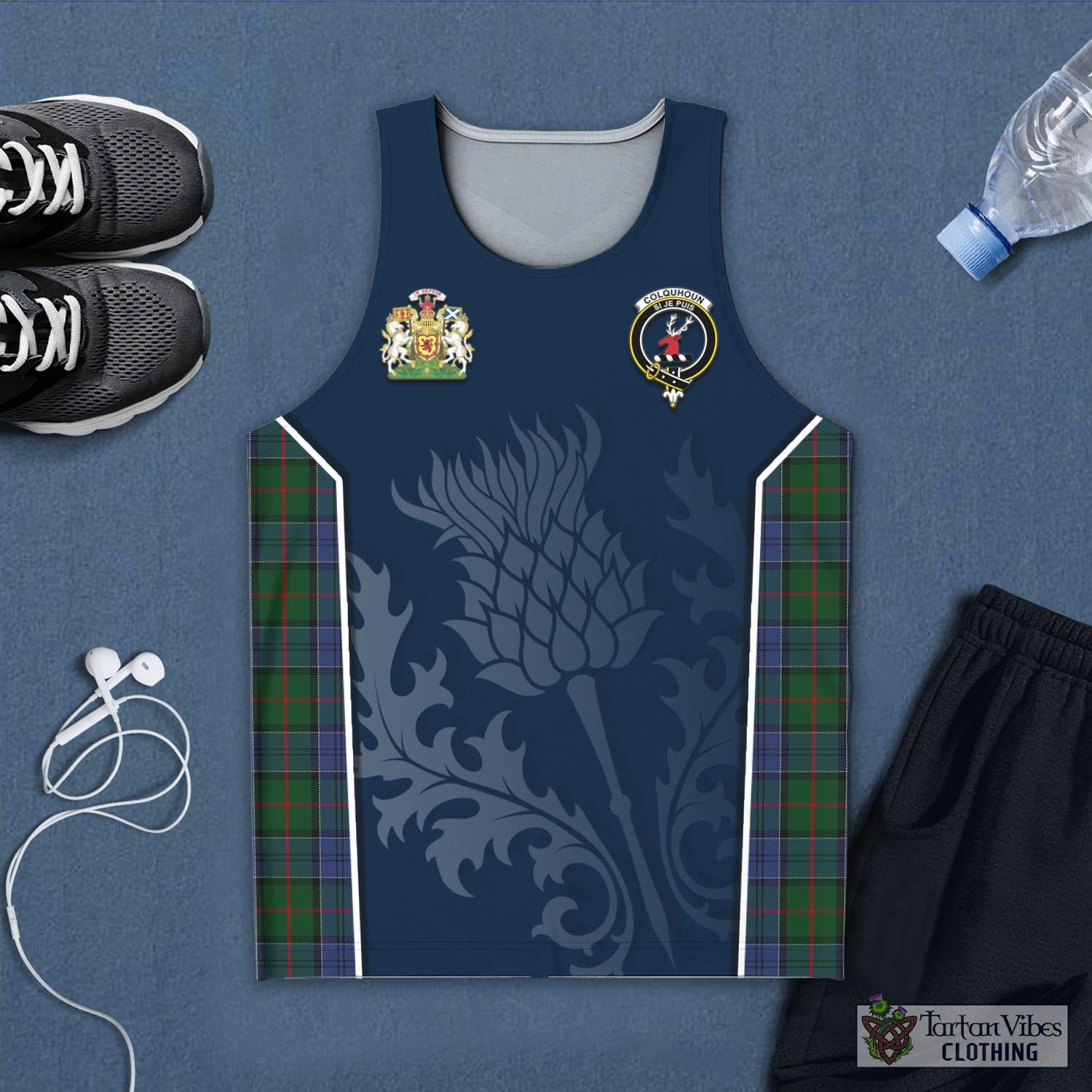 Tartan Vibes Clothing Colquhoun Tartan Men's Tanks Top with Family Crest and Scottish Thistle Vibes Sport Style