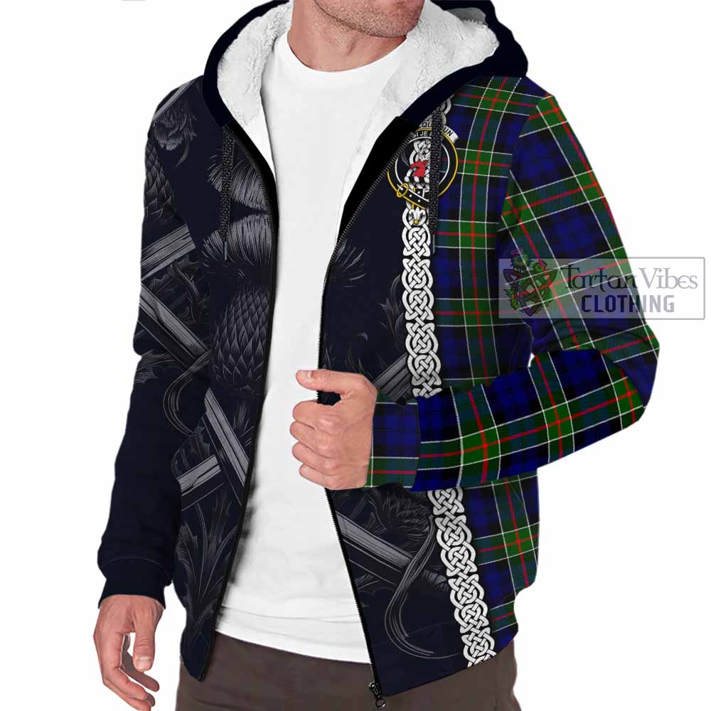 Tartan Vibes Clothing Colquhoun Tartan Sherpa Hoodie with Family Crest Cross Sword Thistle Celtic Vibes