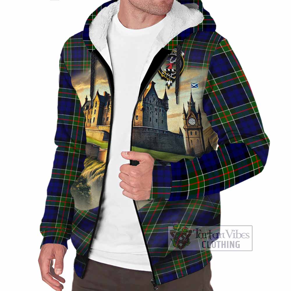 Colquhoun Tartan Family Crest Sherpa Hoodie with Scottish Ancient Castle Style - Tartan Vibes Clothing