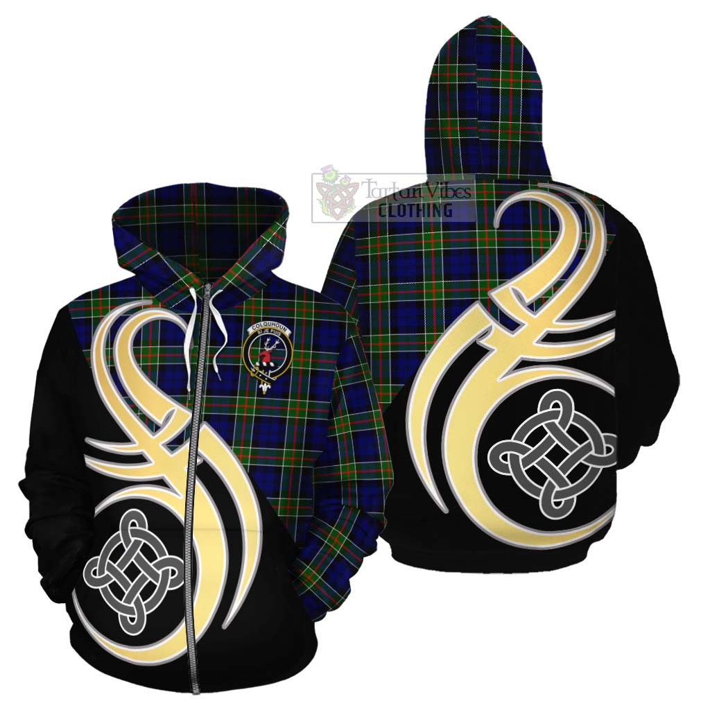 Tartan Vibes Clothing Colquhoun Tartan Cotton Hoodie with Family Crest and Celtic Symbol Style