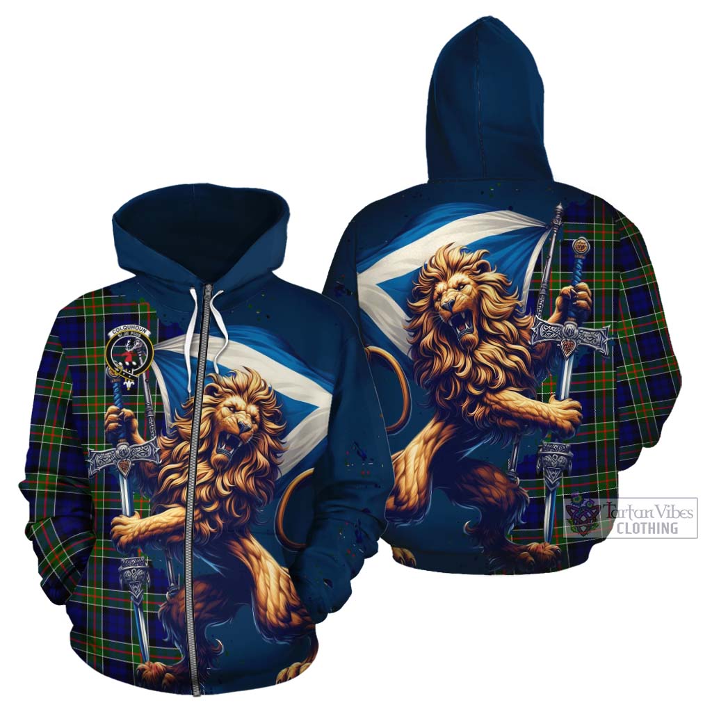 Tartan Vibes Clothing Colquhoun Tartan Family Crest Cotton Hoodie with Scottish Majestic Lion