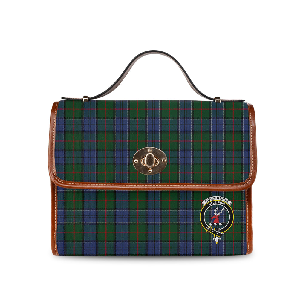 colquhoun-tartan-leather-strap-waterproof-canvas-bag-with-family-crest