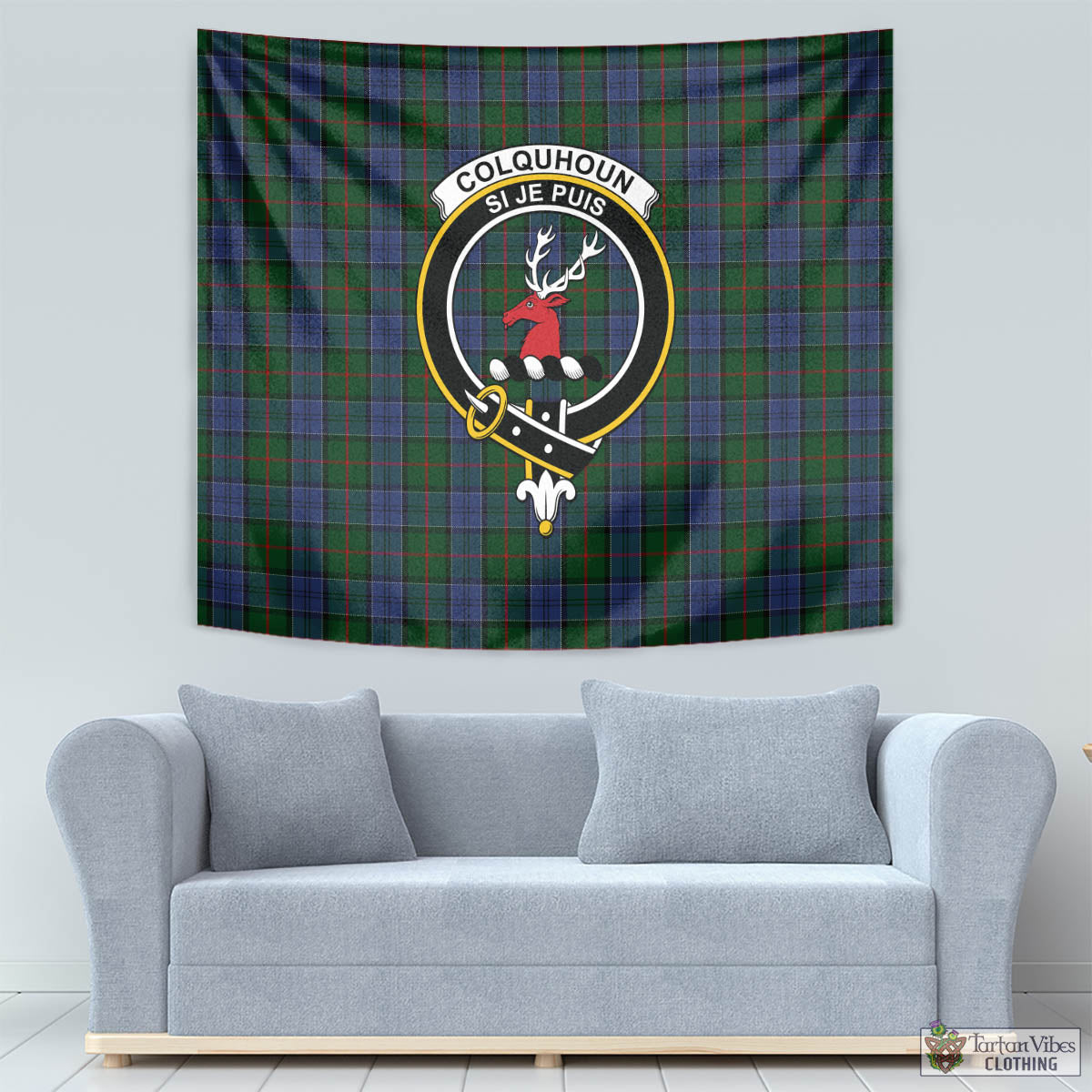 Tartan Vibes Clothing Colquhoun Tartan Tapestry Wall Hanging and Home Decor for Room with Family Crest