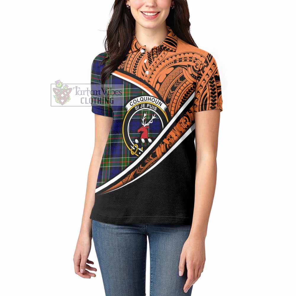 Tartan Vibes Clothing Colquhoun Crest Tartan Women's Polo Shirt with Maori Tattoo Style - Orange Version