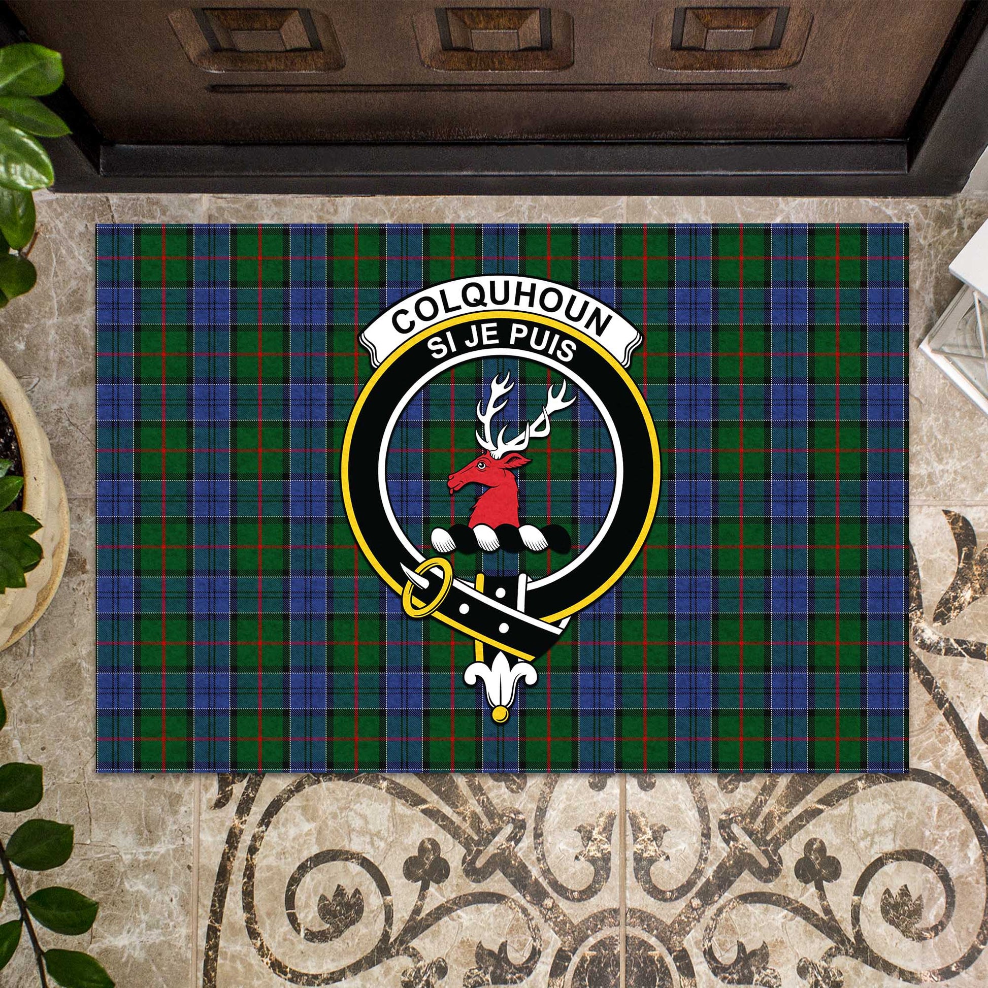 Colquhoun Tartan Door Mat with Family Crest - Tartanvibesclothing