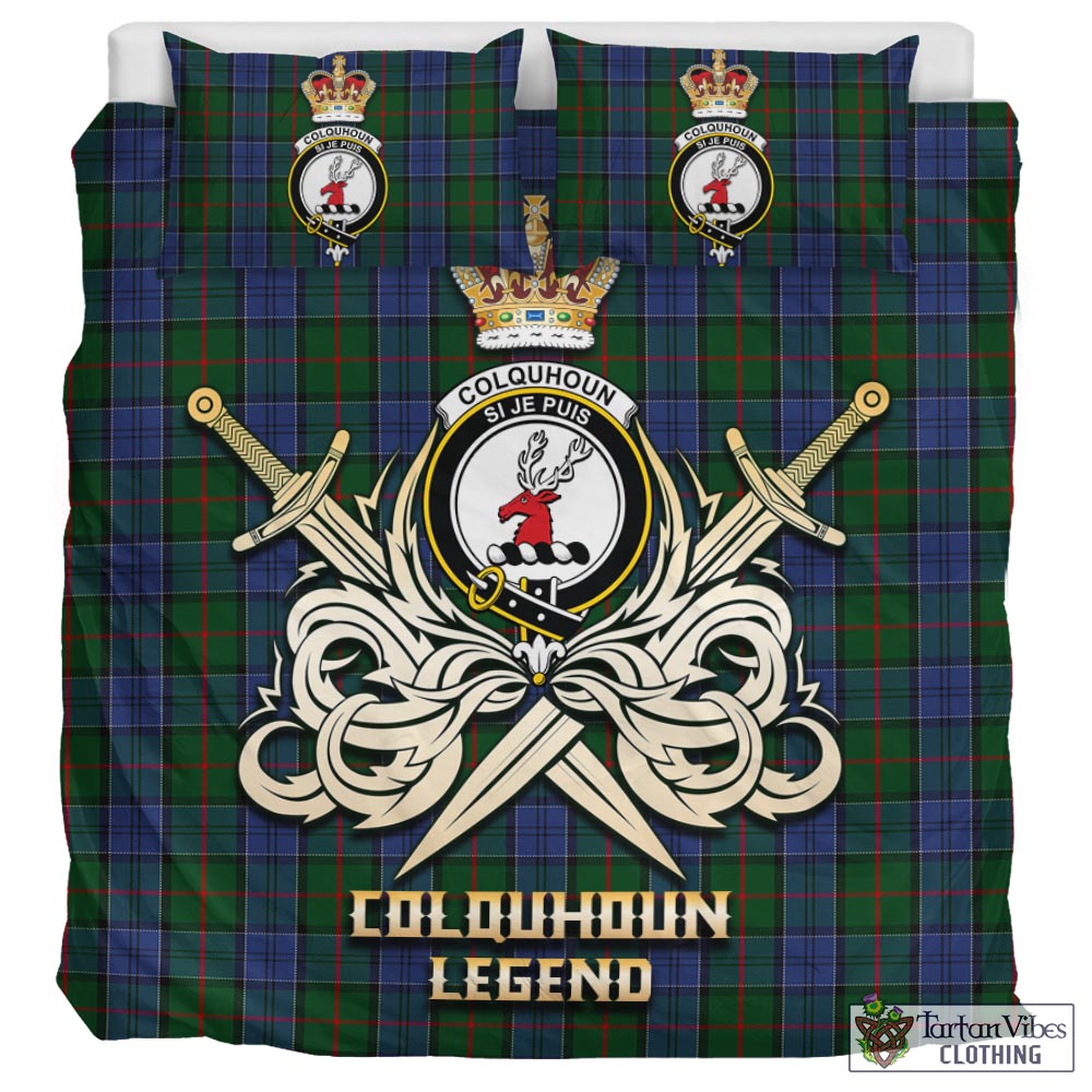 Tartan Vibes Clothing Colquhoun Tartan Bedding Set with Clan Crest and the Golden Sword of Courageous Legacy