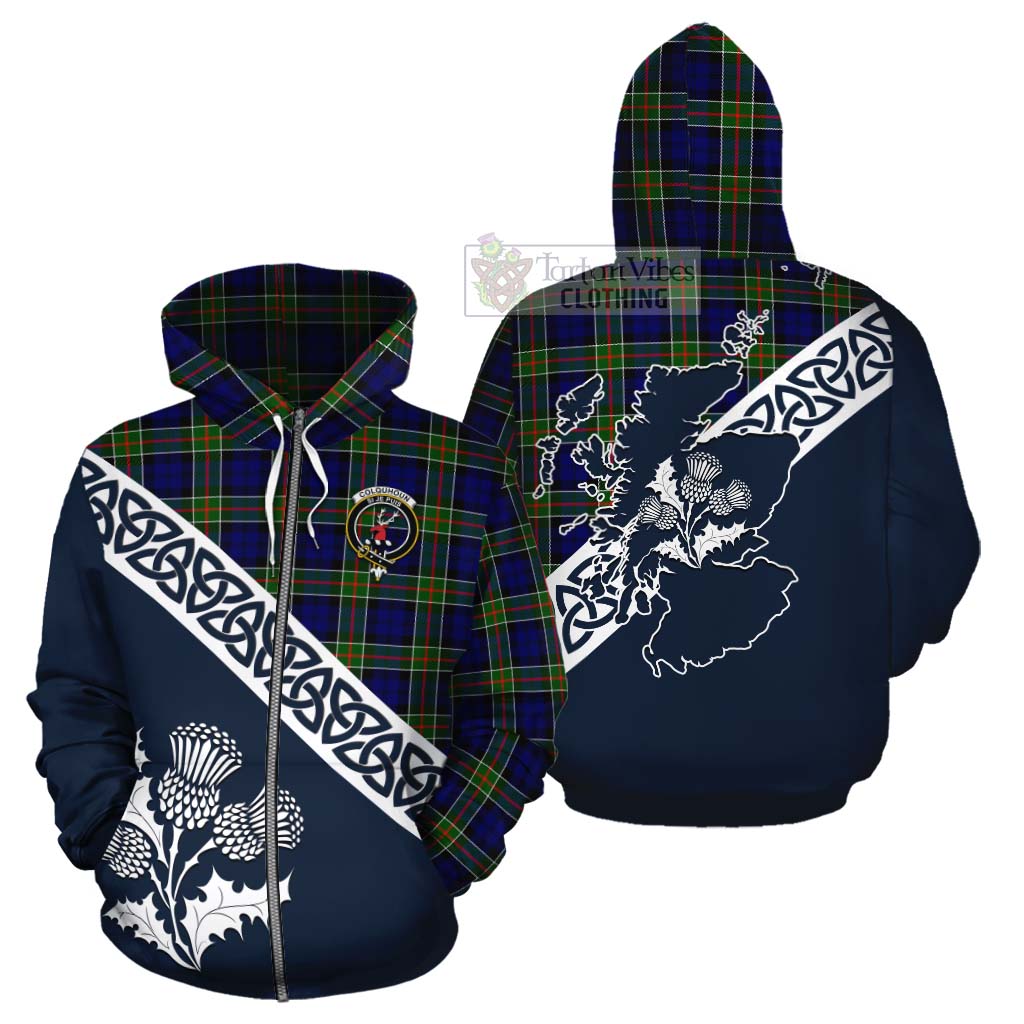 Tartan Vibes Clothing Colquhoun Tartan Cotton Hoodie Featuring Thistle and Scotland Map