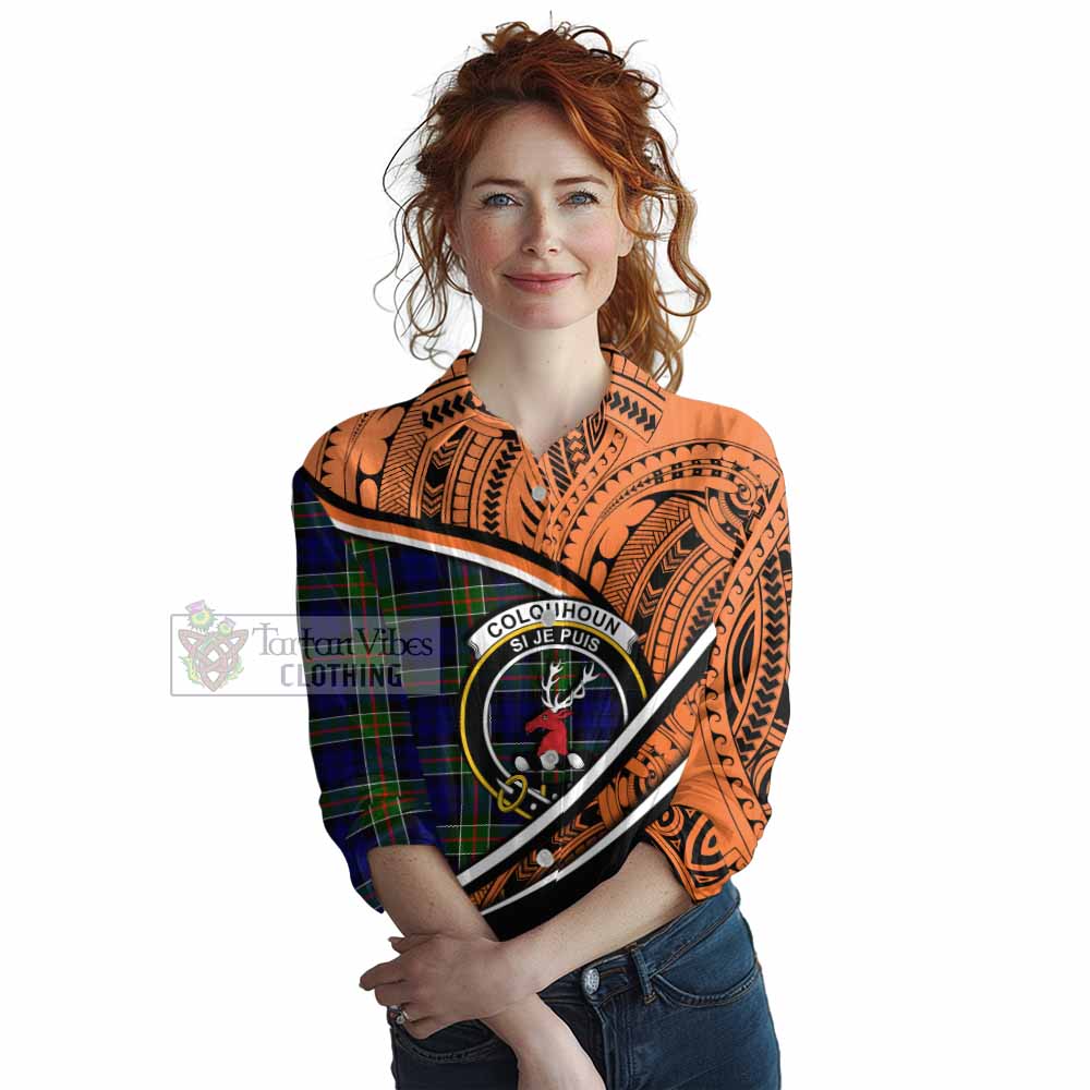 Tartan Vibes Clothing Colquhoun Crest Tartan Women's Casual Shirt with Maori Tattoo Style - Orange Version