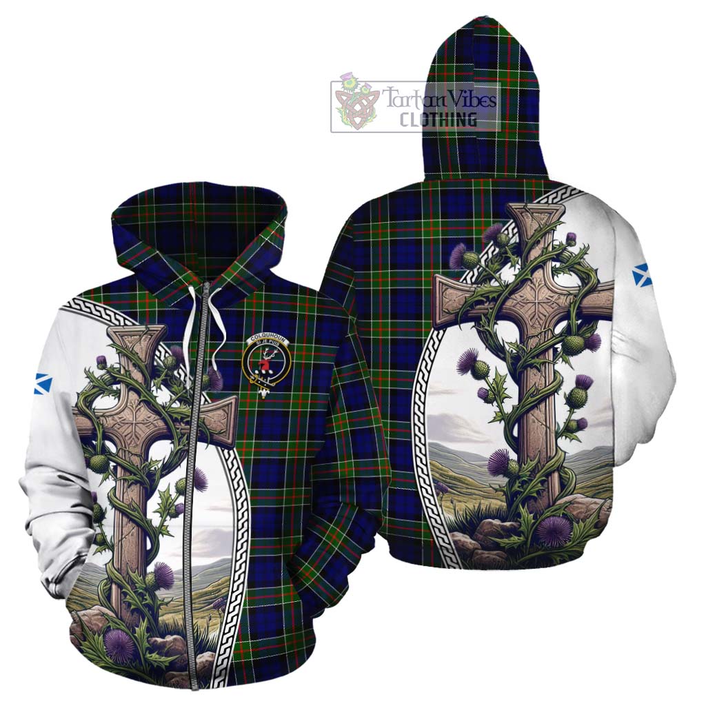 Tartan Vibes Clothing Colquhoun Tartan Cotton Hoodie with Family Crest and St. Andrew's Cross Accented by Thistle Vines